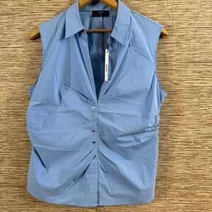 T By Tahari Ruched Sleeveless Top Collared Button-Up Women Large French Blue